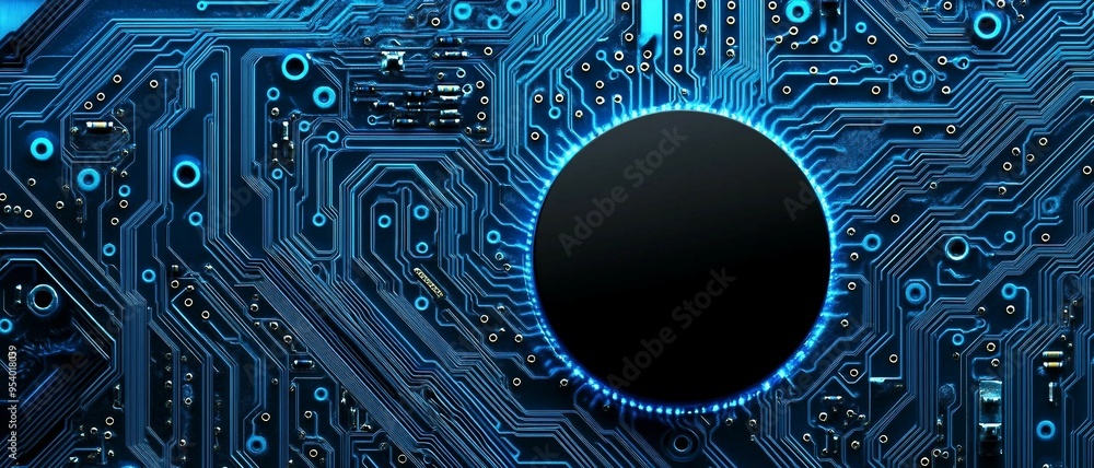 Poster digital button, circuit board with glowing blue connection, data flow, digital connectivity, backgro