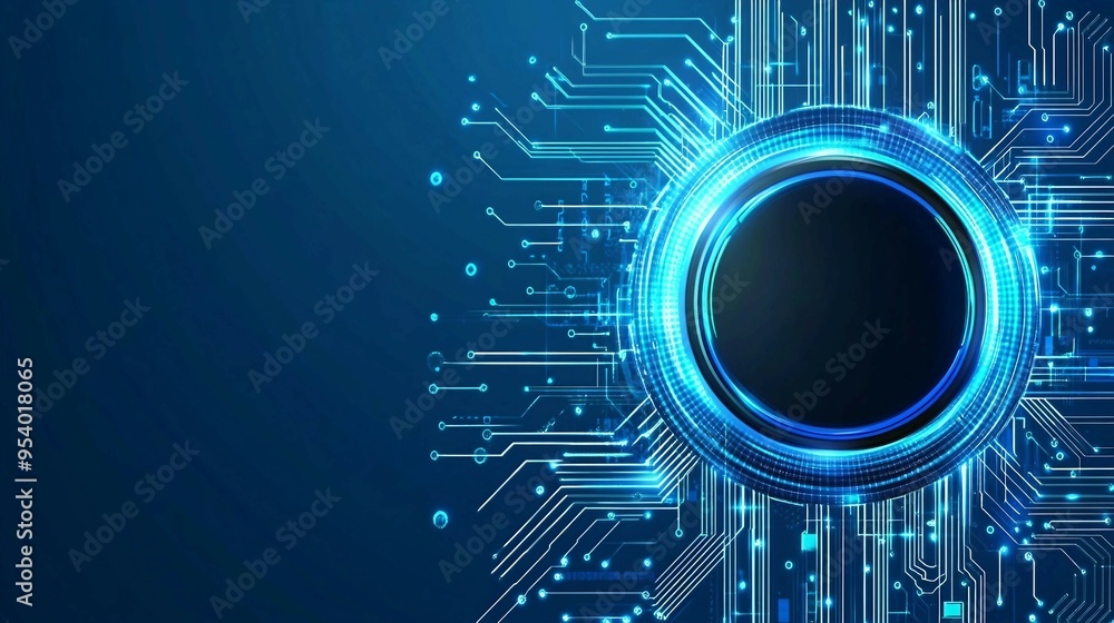 Poster digital button, circuit board with glowing blue connection, data flow, digital connectivity, backgro