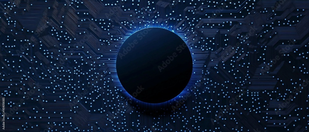 Poster digital button, circuit board with glowing blue connection, data flow, digital connectivity, backgro