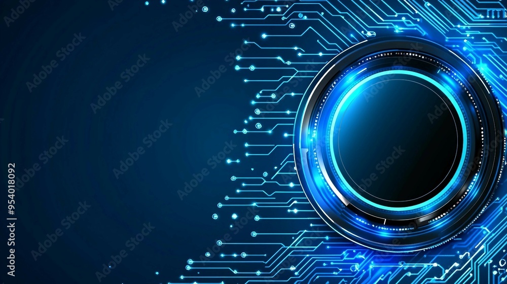 Poster digital button, circuit board with glowing blue connection, data flow, digital connectivity, backgro