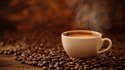 Cup of Coffe on black background. Beans on wooden background. Coffee beans. Cofee advertising sale stock photo