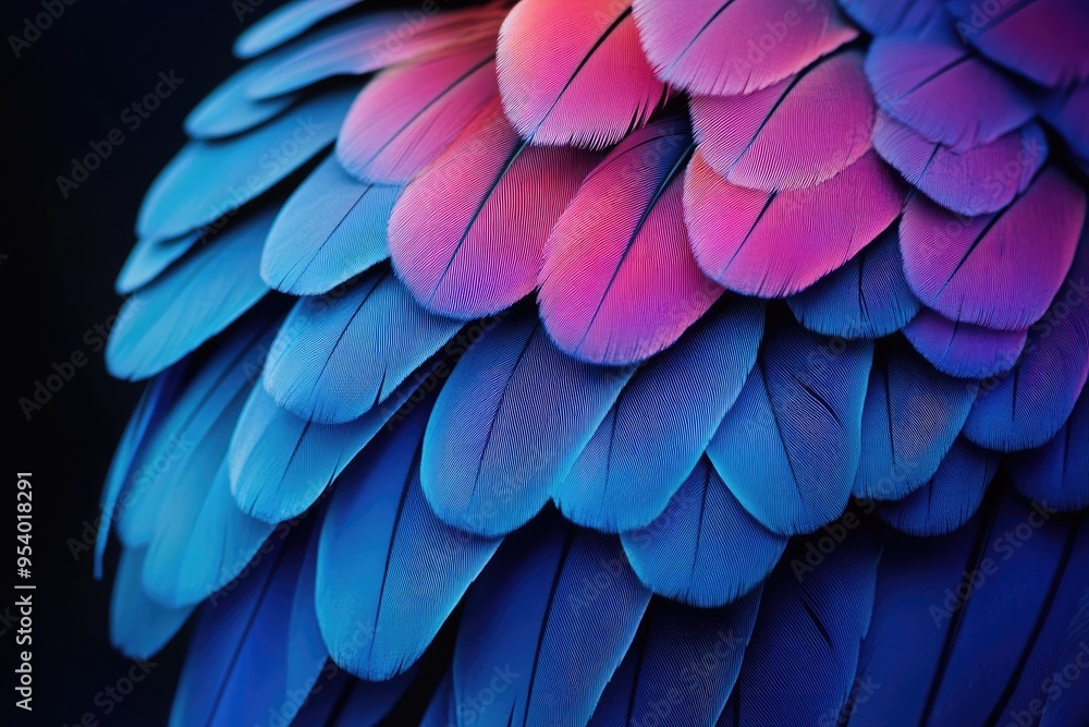 Poster close-up shot of colorful feathers. a vibrant and detailed image of overlapping feathers with pink a