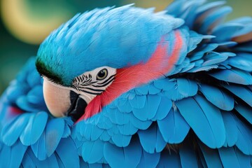 Fototapeta premium Close-up of a blue and red macaw's feathers. Perfect for illustrating bird beauty, nature, and tropical themes.