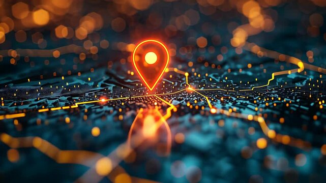 digital map with glowing location pin, abstract city concept