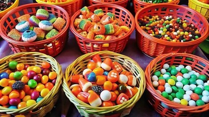 Fototapeta premium A Bountiful Display of Halloween Candy Overflowing in Colorful Baskets for Spooky Celebrations