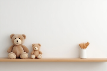 Kids room interior mockup, empty neutral wall for your text, wooden shelf and stuffed toys