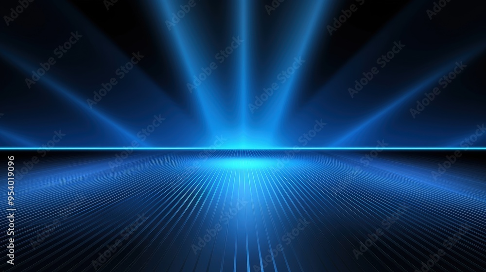 Poster a vibrant blue abstract background with radiant light beams emanating from a central point, creating