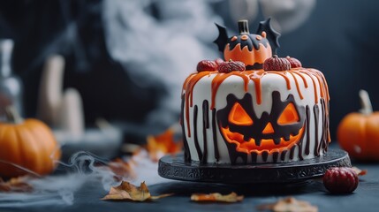 Halloween pumpkin cake with background studio light stock photo