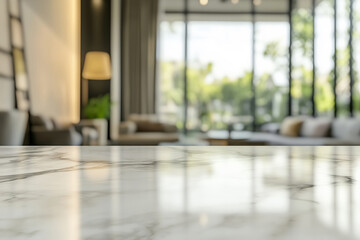 A marble empty table in a modern minimalist house living room