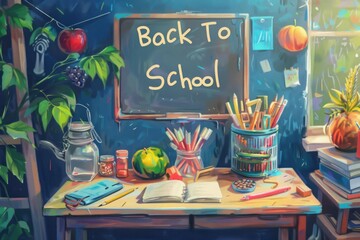 A painting of a desk with a chalkboard that says "Back to School". The desk is filled with art supplies, including a jar of pencils and a jar of pens. There are also several potted plants on the desk