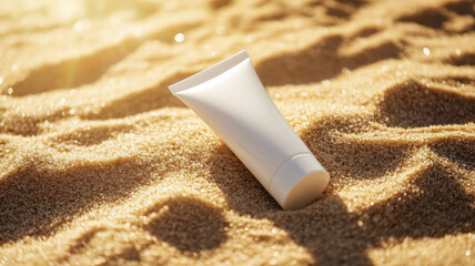 A close-up of a cosmetic product white tube on the sand