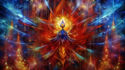 Fiery abstract figure, vibrant colors, cosmic energy, spiritual awakening
