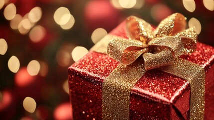 Christmas present wrapped with ribbon and sparkling bokeh lights.