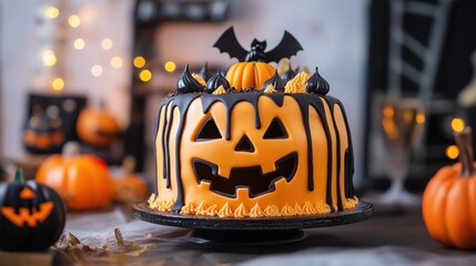 Halloween pumpkin cake with background studio light stock photo