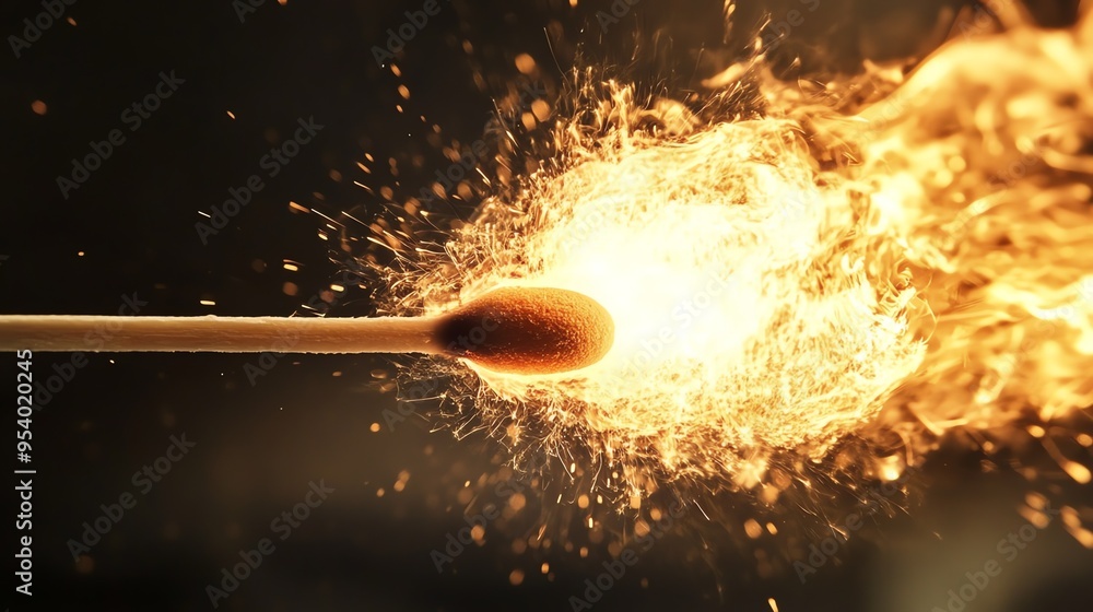 Poster a close-up shot of a matchstick burning brightly, creating a fiery spectacle with sparks and flames.