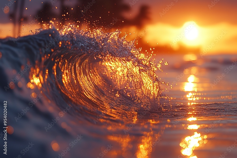 Aufkleber a wave crashing into the ocean with the sun setting in the background
