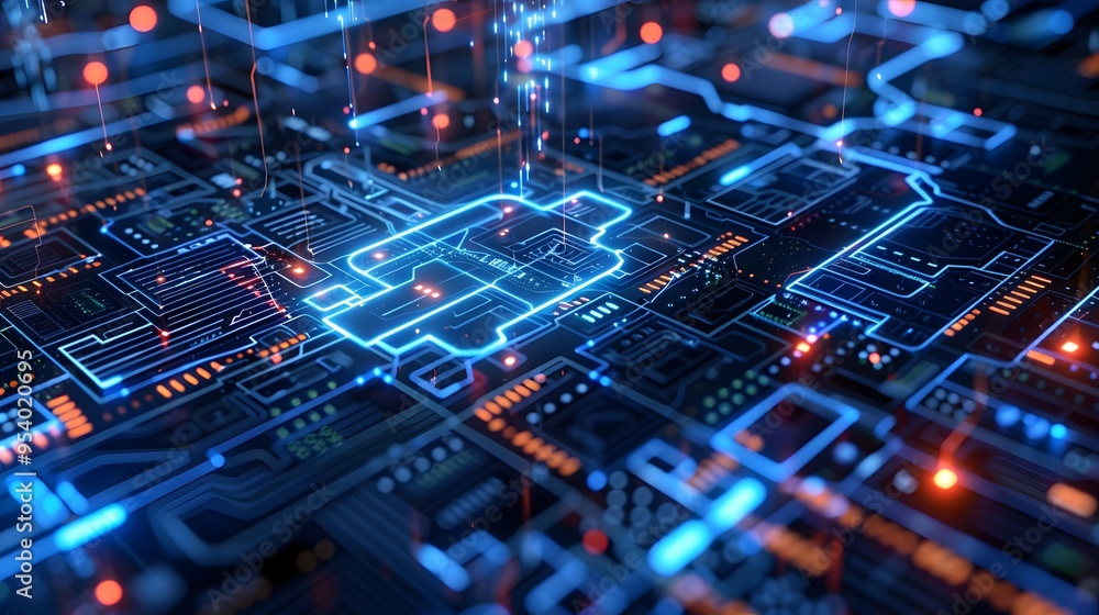 Poster a computer chip with a blue and orange design - generative ai