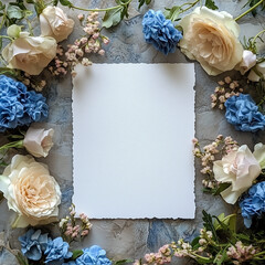 White paper and blue flowers