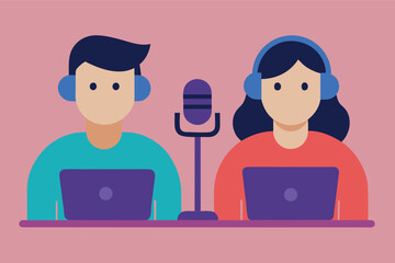 Fototapeta premium Radio host concept Idea of news broadcasting in the studio. Podcasting with the microphones. Flat vector illustration