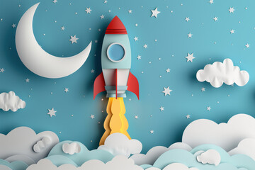 Cute Rocket with Stars and Clouds