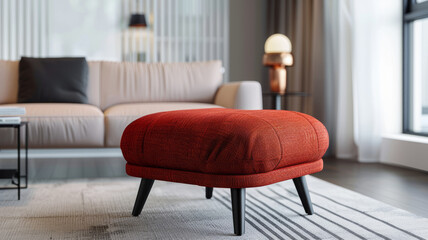 Red ottoman in a modern living room with stylish furniture