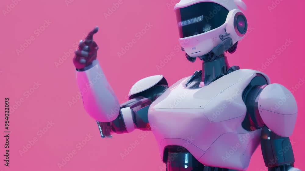 Poster futuristic robot making a peace sign against a pink background, combining technology with a playful 
