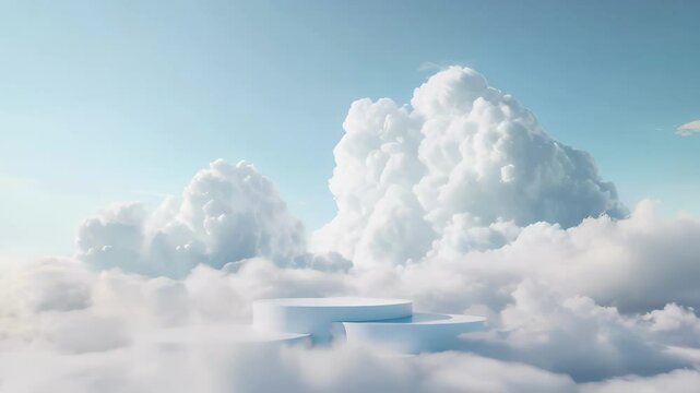 Bright white clouds in blue sky over abstract architectural platform background, surreal dreamlike scenery