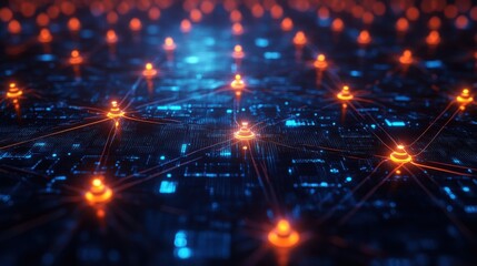 Fototapeta premium A high-tech digital grid featuring interconnected blue and orange glowing nodes, illustrating a futuristic data network.