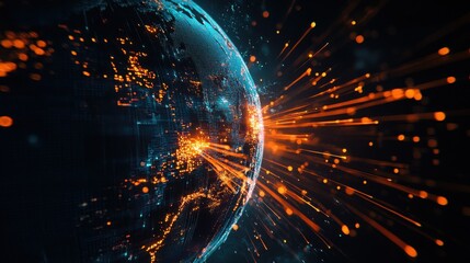 Obraz premium A digital globe with dynamic orange data streams radiating outward, illustrating global data transmission and connectivity.