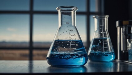 Blue liquid in an Erlenmeyer flask depicted realistically.
