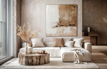 Modern luxury living room with abstract painting on wall with beige and white colour tone. Natural wall texture.