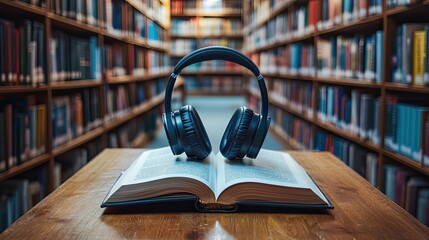 Fototapeta premium Headphones on a book in a library. Perfect for audiobook or learning concepts.
