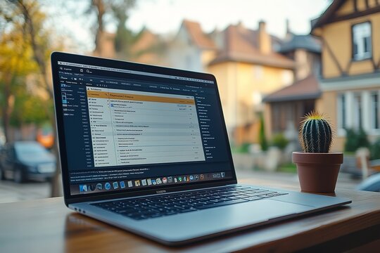 A laptop is open on a table with a potted cactus next to it