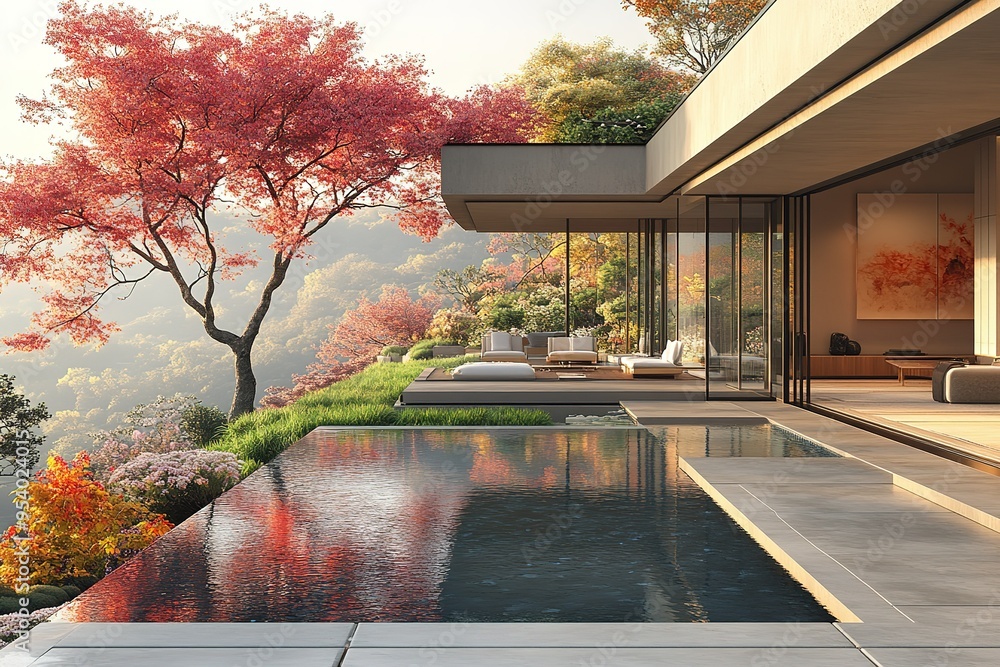 Poster a large house with a pool and a tree in the background