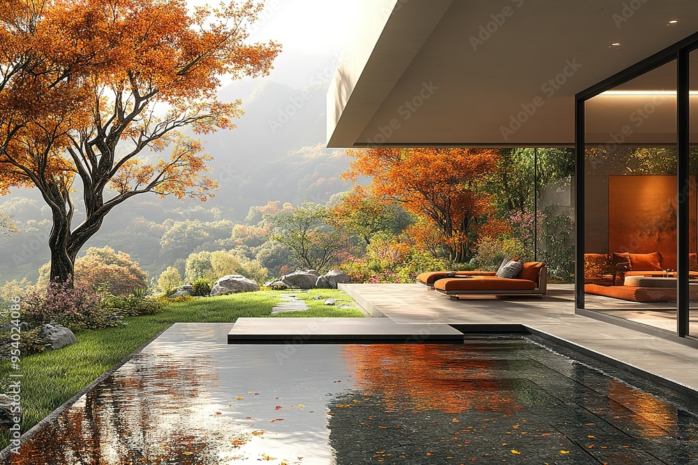 Poster a beautiful house with a pool and a tree in the background