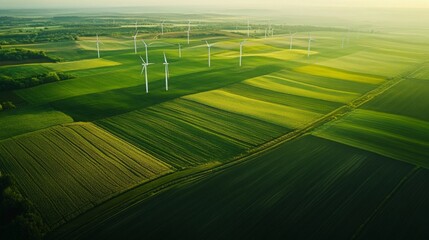 Aerial view of lush green fields with wind turbines spinning gently. This image captures the beauty of renewable energy in harmony with nature. Ideal for environmental projects. AI