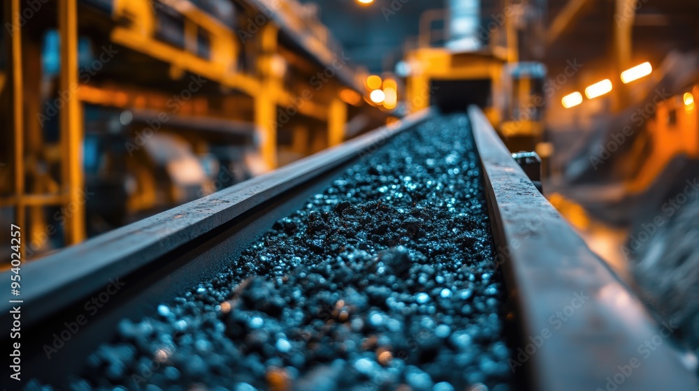 Poster close-up of a conveyor belt carrying gravel. this image depicts the process of transporting and dist