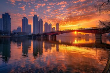 Bridge Over River. Stunning City Skyline with Sunrise or Sunset Over Water