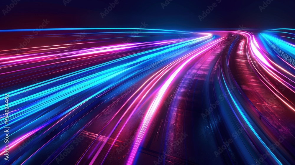 Poster a vibrant display of colorful light trails, representing speed and motion in a futuristic setting.