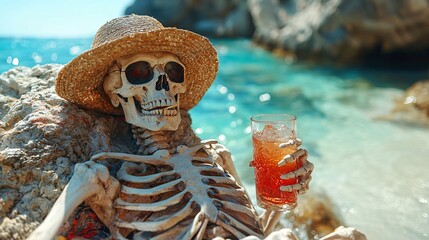 A humorous Halloween-themed image of a skeleton zombie relaxing on a beach with a drink, perfect for Halloween party invitations and themed events, with copy space.