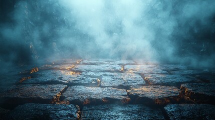 Eerie foggy background with stone blocks creates a spooky atmosphere perfect for Halloween designs, parties, or themed events with copy space.