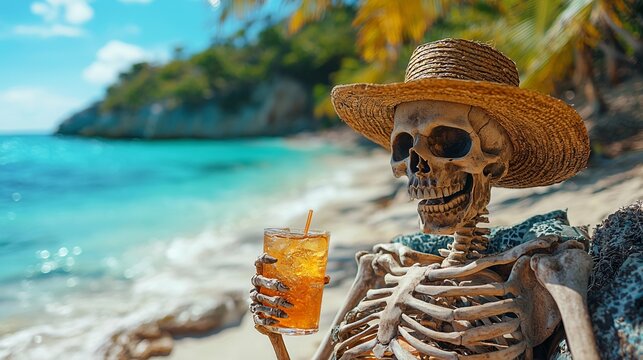 A whimsical Halloween scene featuring a skeleton zombie relaxing on the beach, perfect for Halloween party invites, themed promotions, or social media posts with copy space.
