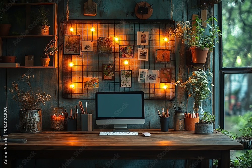 Aufkleber a computer desk with a monitor and keyboard on a wooden desk