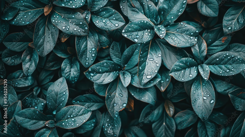 Poster raindrops falling on green leaves