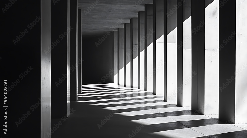 Aufkleber concrete columns cast shadows in an architectural passageway