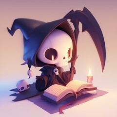 Cute Grim Reaper Reading a Spooky Book Cartoon