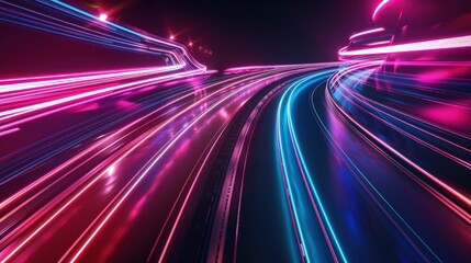 A vibrant, abstract representation of light trails, suggesting speed and movement through a futuristic landscape.