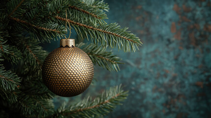 photo of christmas ball with snake scale texture hanging on a fir-tree branch, new year 2025, symbol, chinese horoscope, decor, winter, blurred background, postcard, holiday, celebration