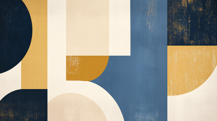 Blue, black and gold abstract background texture. Abstract poster in blue, gold, beige, mid-century style, 50s	
