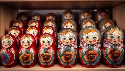 Russian dolls matryoshka lined up on the shelf